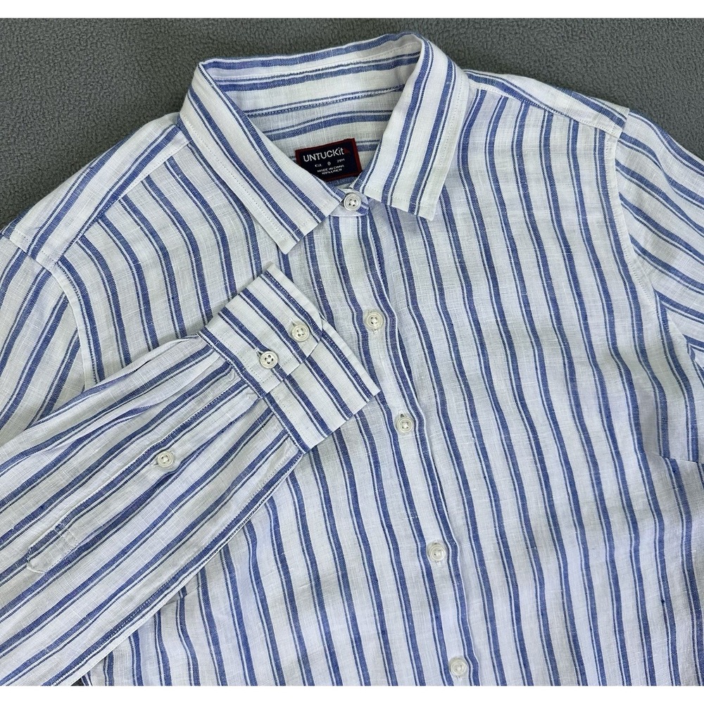 UNTUCKit Shirt Womens 0 Blue Nautical Stripe Linen Chambray Prep Minimalist